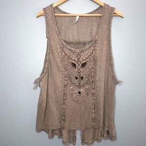 FREE PEOPLE Tank • Large • USED • Brown • Beaded & Embroidered Design
